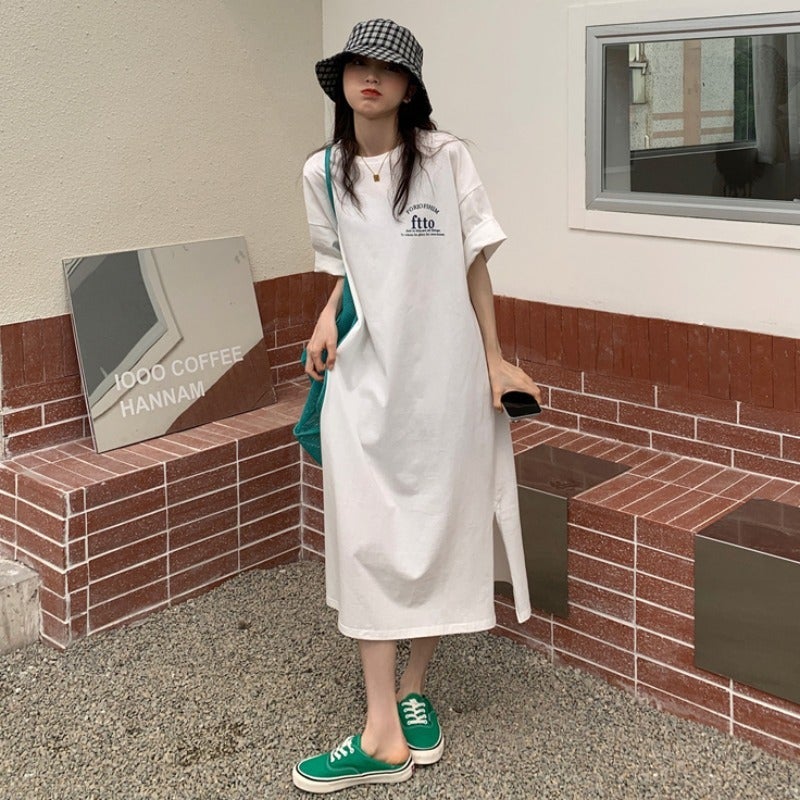 2024 Summer Korean style plus size womens loose split over-the-knee T-shirt skirt casual western style letter print dress White - Image 3