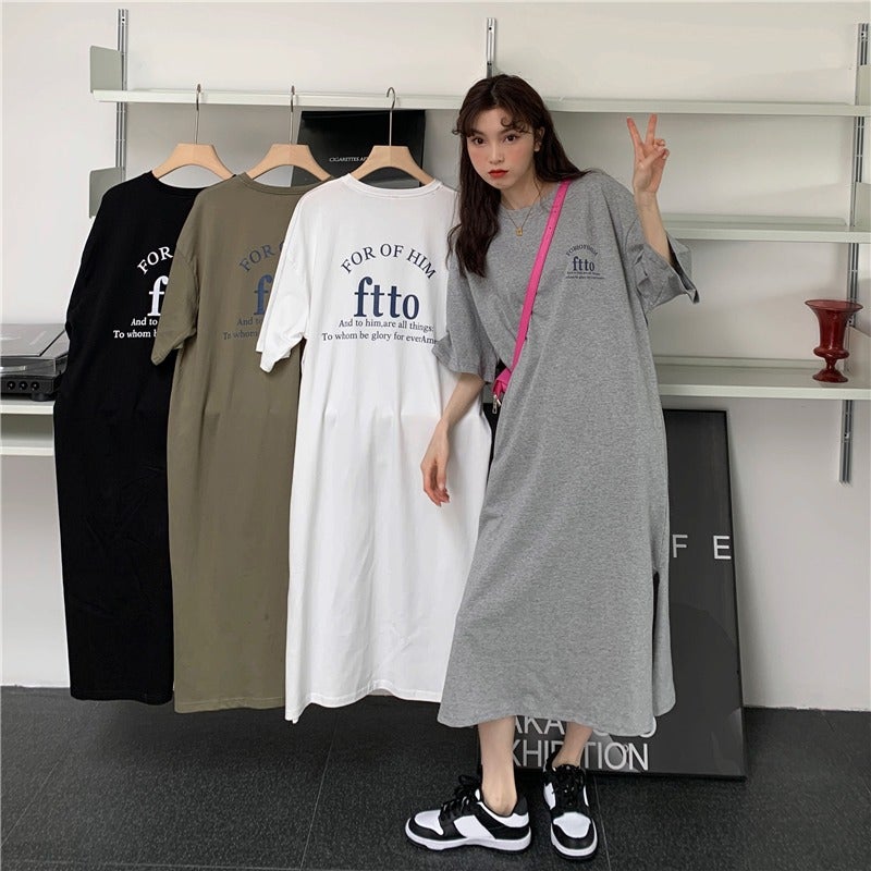 2024 Summer Korean style plus size womens loose split over-the-knee T-shirt skirt casual western style letter print dress White - Image 2