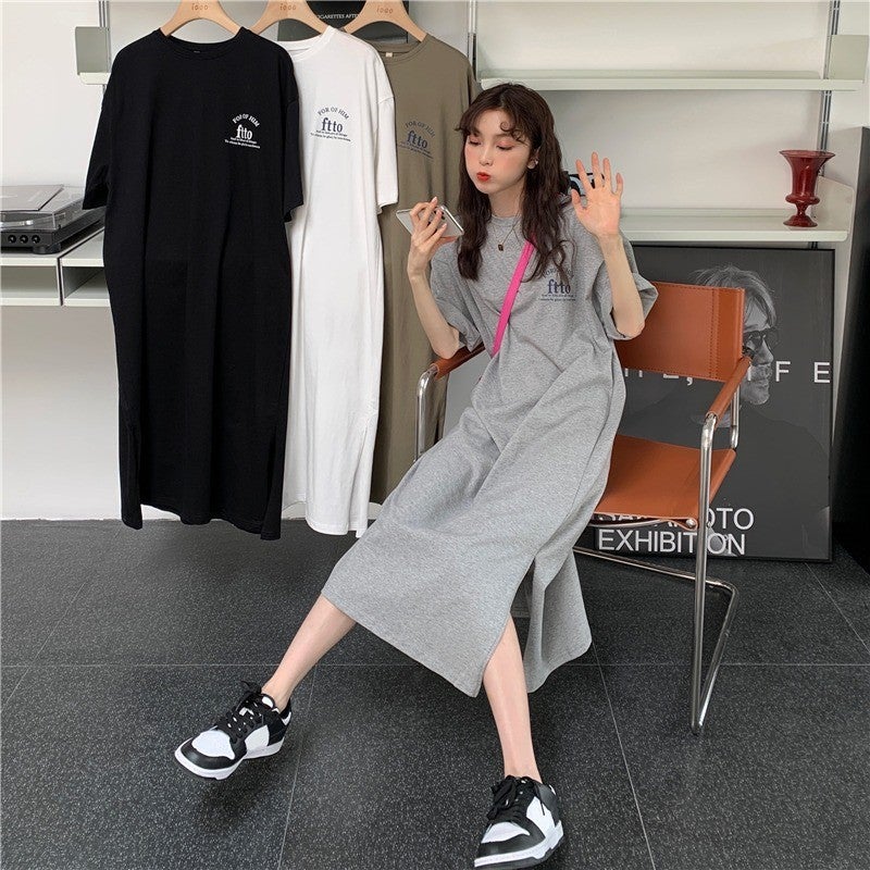 2024 Summer Korean style plus size womens loose split over-the-knee T-shirt skirt casual western style letter print dress White - Image 4