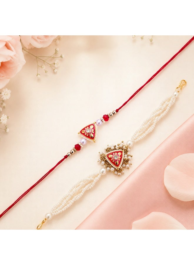 Bhaiya Bhabhi Rakhi Set with Red String and Pearl Embellishments