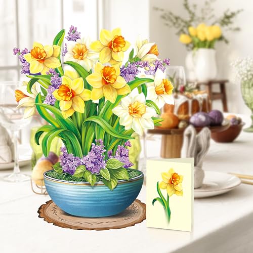 Airpark 3D Pop Up Paper Flowers Bouquet Card 12 with Note Envelope Birthday Gifts Get Well Thank You Greeting Cards for Women Mom Wife Friends Yellow Daffodils - Image 3