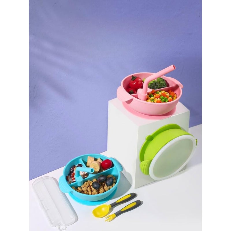 Elegant Bowl With Cover And Straw BPA Free Plate Mat With Three Separated Compartments Suction Base Non Toxic Lightweight Easy To Clean Durable Multipurpose Reusable Bowl For Daily Use (Mint Green) - Image 3