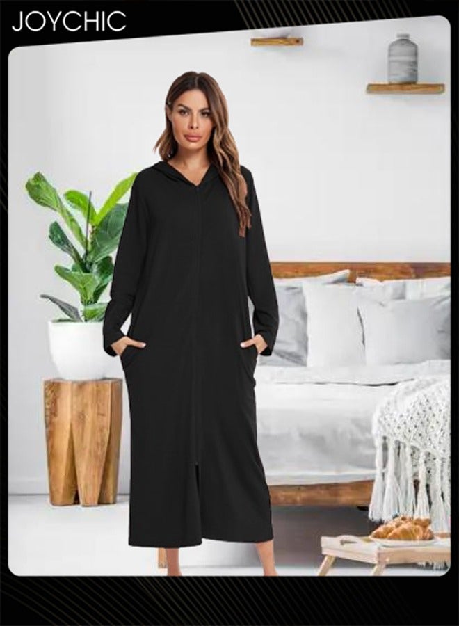 Joychic Solid Pattern Spring Autumn and Winter Women Zipper Pajamas Home Comfortable Ladies Nightgown with Pockets and Hat Black - Image 1
