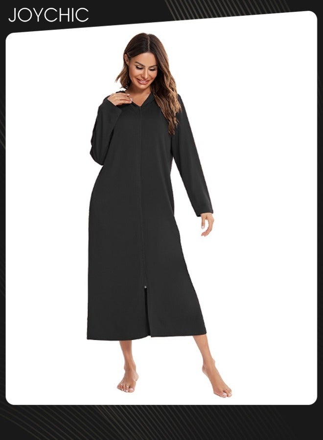 Joychic Solid Pattern Spring Autumn and Winter Women Zipper Pajamas Home Comfortable Ladies Nightgown with Pockets and Hat Black - Image 2
