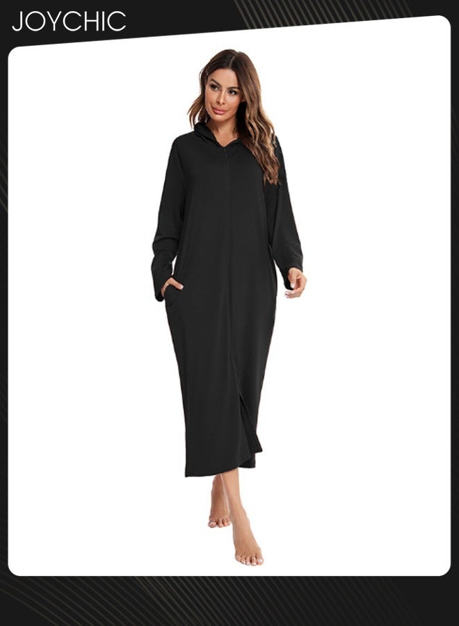 Joychic Solid Pattern Spring Autumn and Winter Women Zipper Pajamas Home Comfortable Ladies Nightgown with Pockets and Hat Black - Image 3