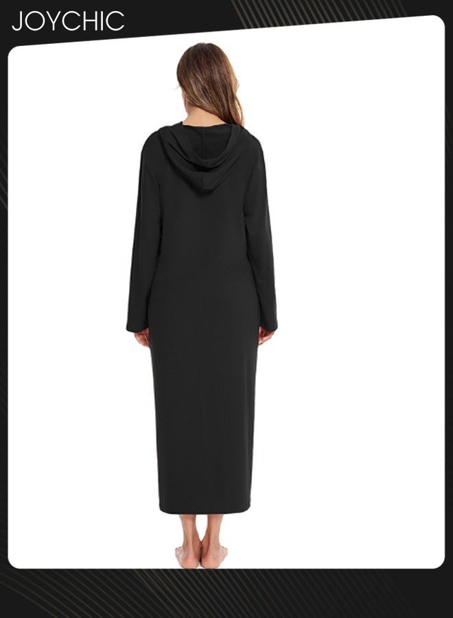 Joychic Solid Pattern Spring Autumn and Winter Women Zipper Pajamas Home Comfortable Ladies Nightgown with Pockets and Hat Black - Image 4