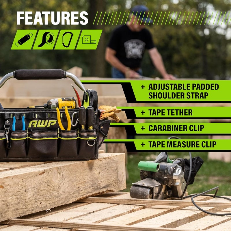 AWP 18" Pro Tool Tote | Water Resistant Tool Bag with Rotating Handle, Removable Shoulder Strap and 15 Tool Storage Pockets - Image 2