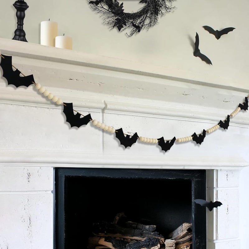 CESOF Halloween Garland Decorations - Adjustable Spooky Hanging Black Felt Bat Garland Fireplace Decor - Aesthetic Boho Wood Beads Mantel Banner for Home Room Indoor Farmhouse Office Wall Halloween Decor - Image 1