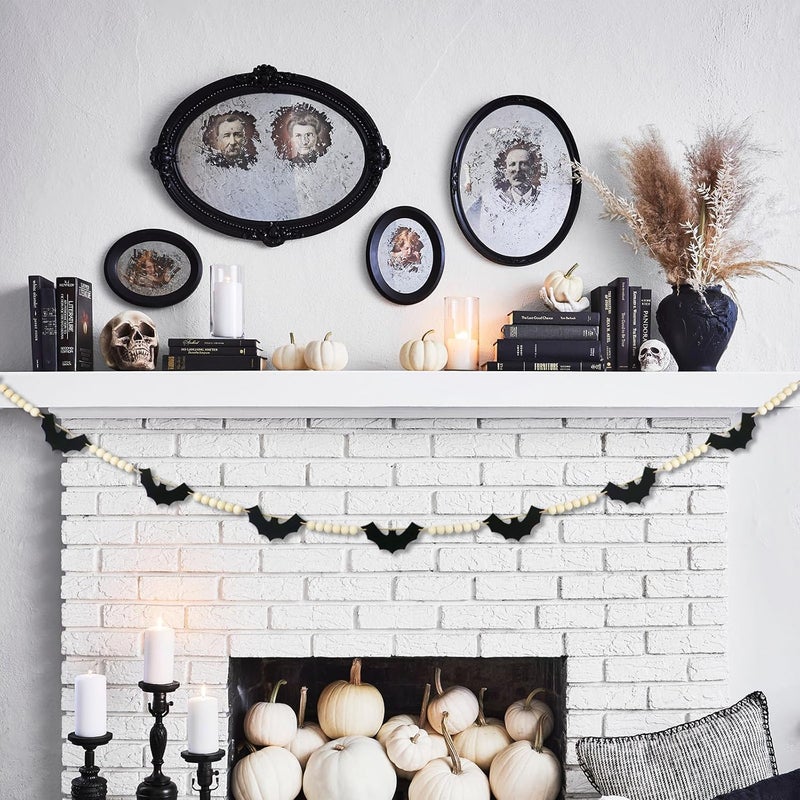 CESOF Halloween Garland Decorations - Adjustable Spooky Hanging Black Felt Bat Garland Fireplace Decor - Aesthetic Boho Wood Beads Mantel Banner for Home Room Indoor Farmhouse Office Wall Halloween Decor - Image 3