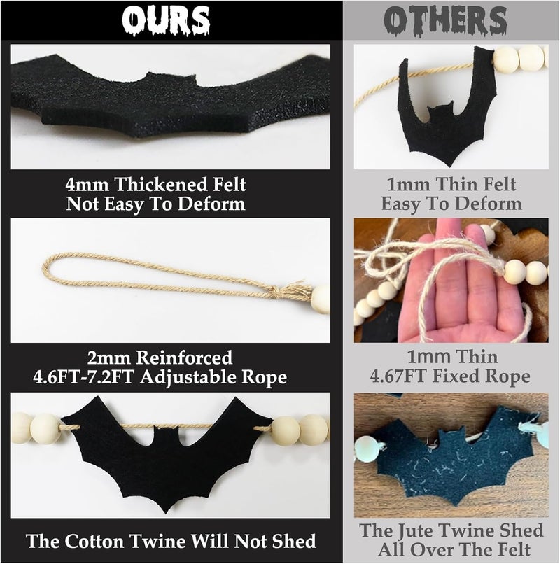 CESOF Halloween Garland Decorations - Adjustable Spooky Hanging Black Felt Bat Garland Fireplace Decor - Aesthetic Boho Wood Beads Mantel Banner for Home Room Indoor Farmhouse Office Wall Halloween Decor - Image 2