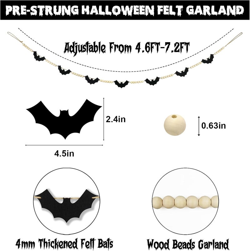 CESOF Halloween Garland Decorations - Adjustable Spooky Hanging Black Felt Bat Garland Fireplace Decor - Aesthetic Boho Wood Beads Mantel Banner for Home Room Indoor Farmhouse Office Wall Halloween Decor - Image 4