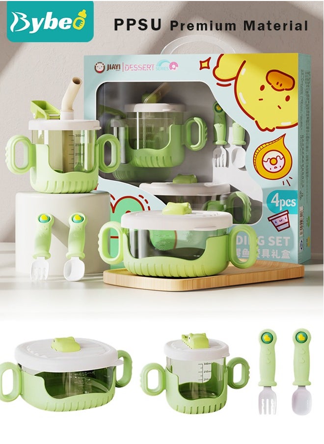 Bybeo 4-Pieces Baby Feeding Set - Sippy Cup With Straw And Lid, Feeding Bowl, Spoon And Fork  - Image 1