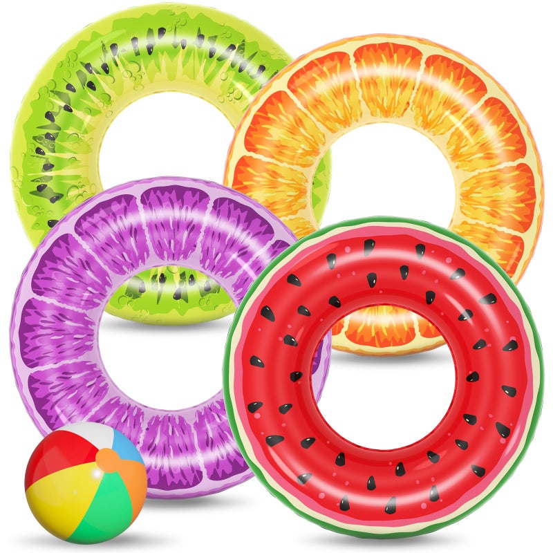 Jasonwell Inflatable Pool Toys Floats for Swimming Pool Party Lake Beach Kids Adults - 4 Pack Floaties Pool Tubes Swim Rings Fruit Water Floaty Watermelon Kiwi Orange Grape - Image 1