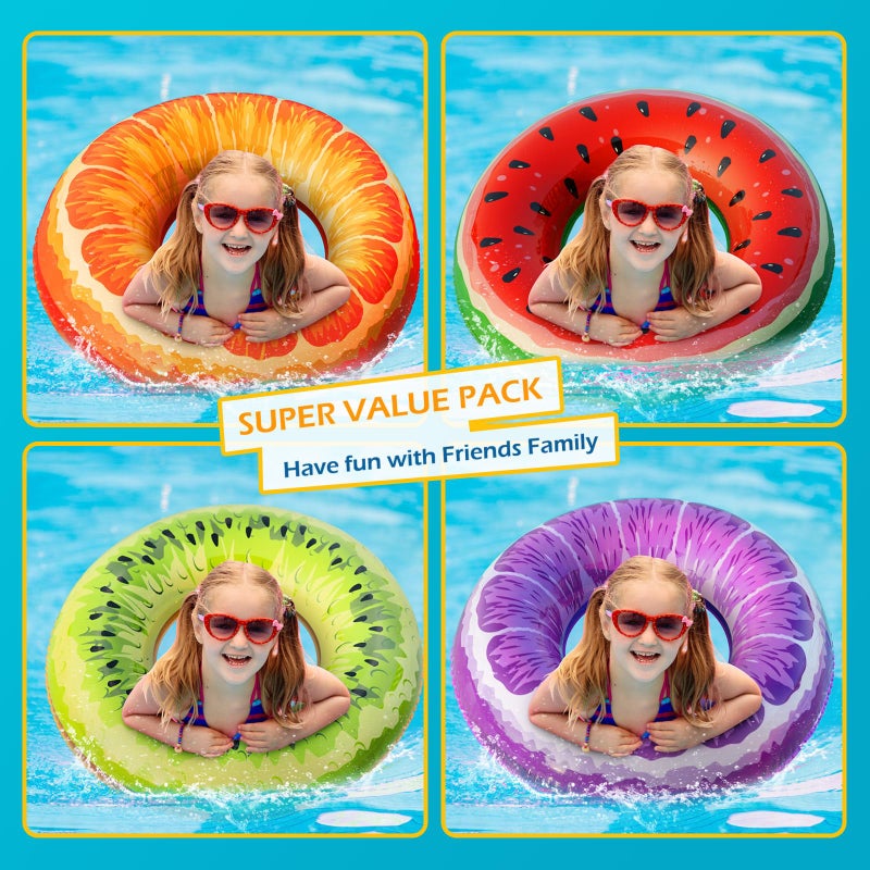 Jasonwell Inflatable Pool Toys Floats for Swimming Pool Party Lake Beach Kids Adults - 4 Pack Floaties Pool Tubes Swim Rings Fruit Water Floaty Watermelon Kiwi Orange Grape - Image 3