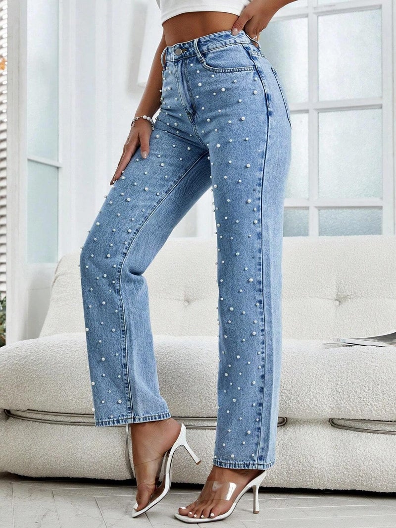 Kedera Women Pearl Baggy Jeans Loose Fit Casual Rhinestone Jeans Straight Leg Stretchy Denim Jeans Mid Blue - Image 5