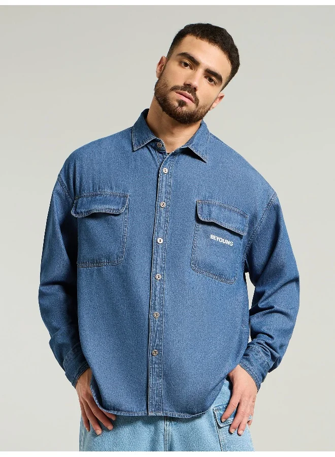 Beyoung Mid Blue Dual Pocket Denim Shirt