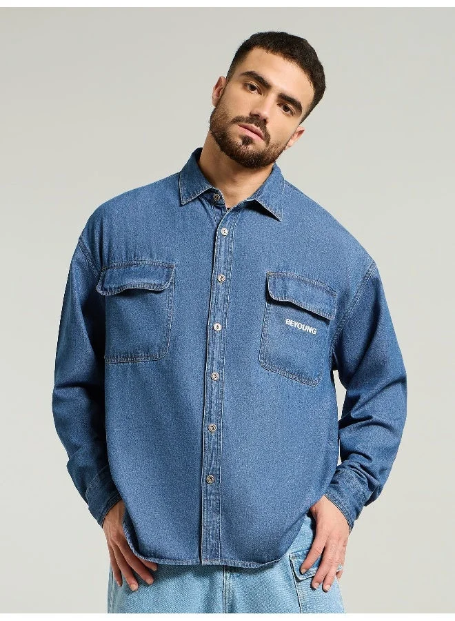 Beyoung Mid Blue Dual Pocket Denim Shirt