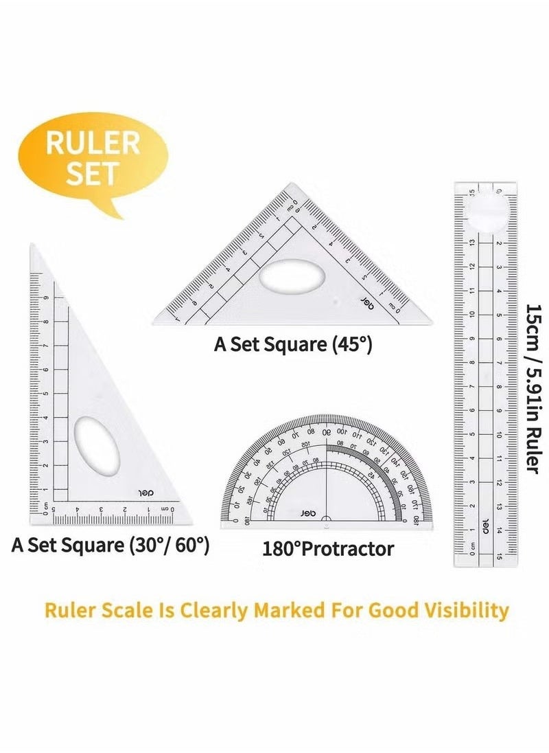 Generic - Math Geometry Tool Plastic Clear Ruler Sets Protractor Triangular Ruler Drawing Compass for School Student Classroom, High Quality Material for Long Time and Durable Use - Image 1