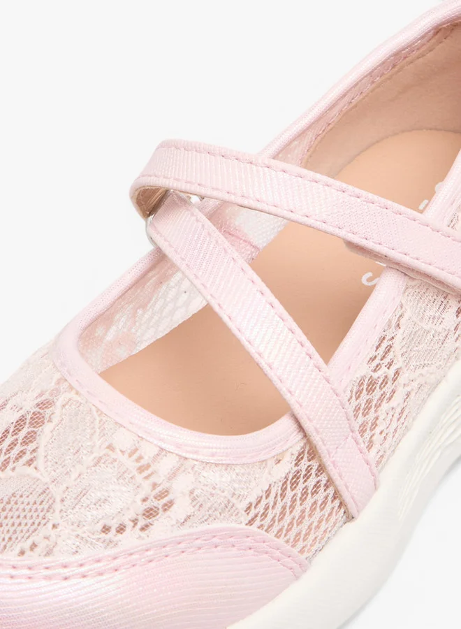 Little Missy Girls Lace Detail Mary Jane Shoes with Hook and Loop Closure