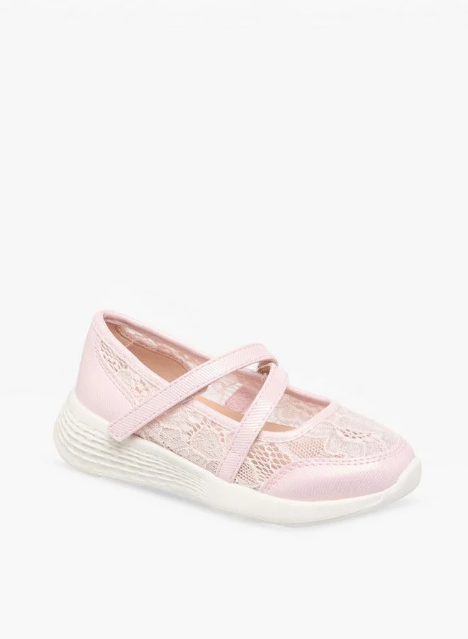 Little Missy Girls Lace Detail Mary Jane Shoes with Hook and Loop Closure