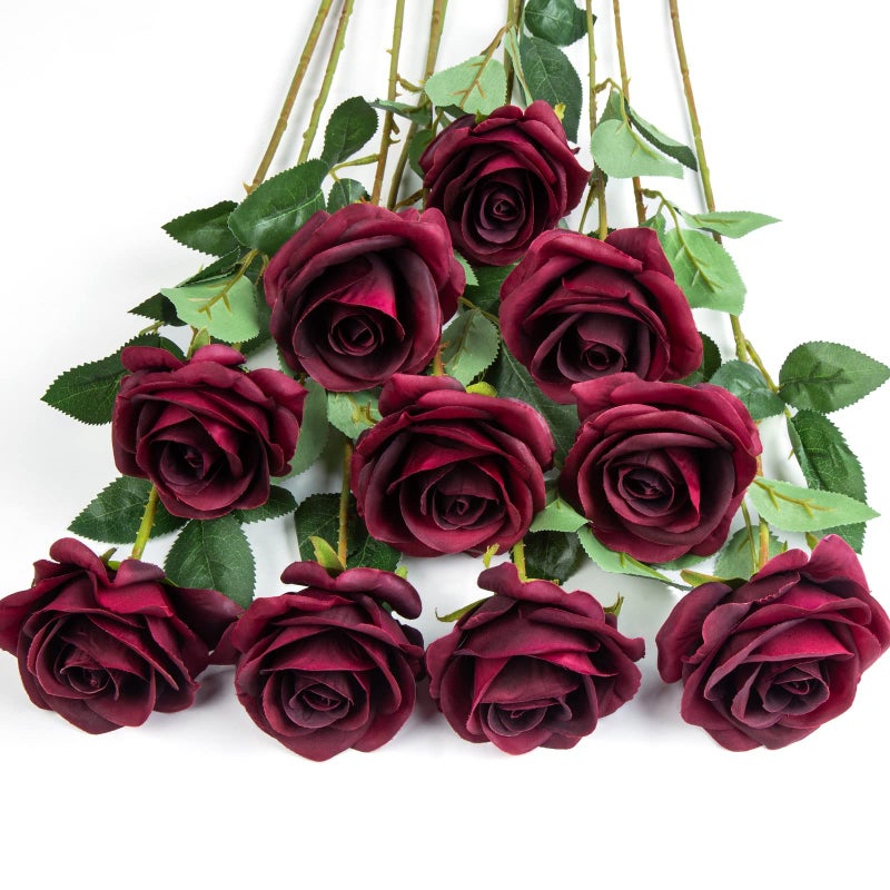 DuHouse 10pcs Silk Roses Artificial Flowers Fake Burgundy Rose Bouquet for Arrangement Wedding Party Home Decoration BurgundyLong Stem - Image 2