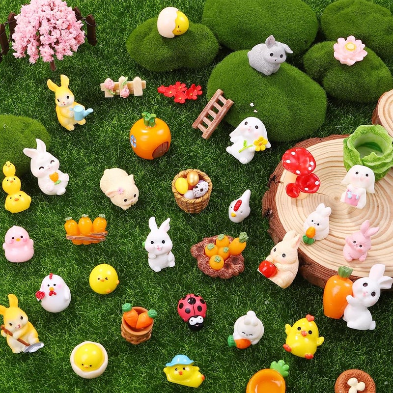 Vellibring 42 Pcs Easter Mini Resin Figurines, Miniature Sculptures Small Farm Bunny Chick Fairy Garden Decor for Dollhouse Easter Egg Fillers Party Favors Supplies DlY Landscape Terrarium - Image 4