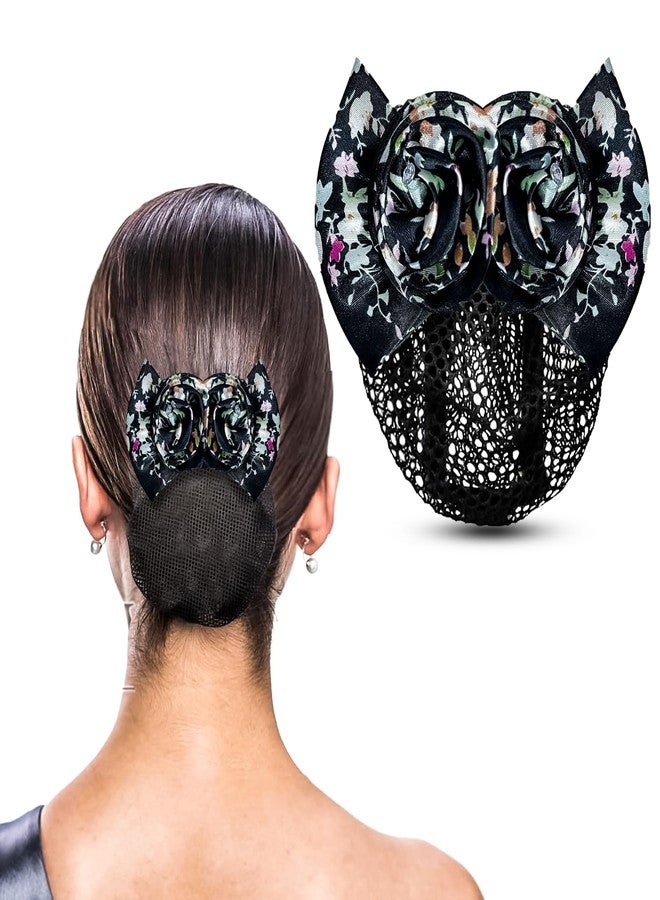 LYKAA Premium Floral Satin Rose Bow Hair Clip With Hair Snood Net, Barrette Bun Cover for Women & Girls | Elegant Rhinestone Heart Center | Fancy Hair Accessory for Party & Wedding | Hairnet for Dancer Nurse Work or Daily Use (Pack of 1) (BLACK) - Image 1
