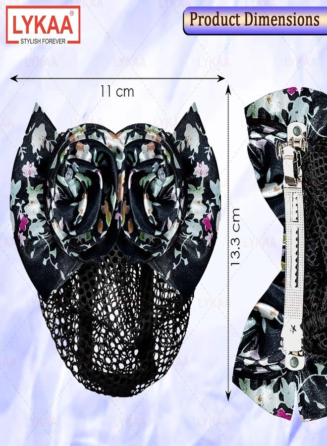 LYKAA Premium Floral Satin Rose Bow Hair Clip With Hair Snood Net, Barrette Bun Cover for Women & Girls | Elegant Rhinestone Heart Center | Fancy Hair Accessory for Party & Wedding | Hairnet for Dancer Nurse Work or Daily Use (Pack of 1) (BLACK) - Image 2
