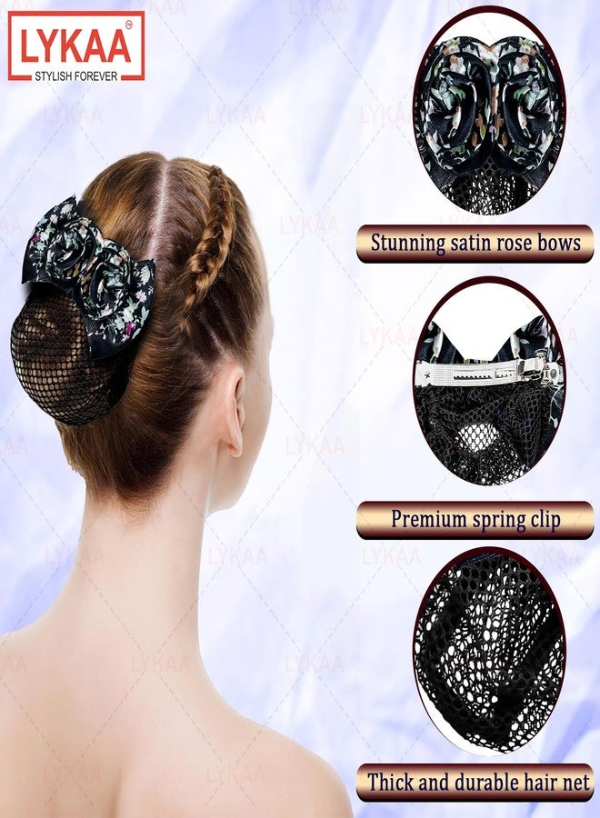 LYKAA Premium Floral Satin Rose Bow Hair Clip With Hair Snood Net, Barrette Bun Cover for Women & Girls | Elegant Rhinestone Heart Center | Fancy Hair Accessory for Party & Wedding | Hairnet for Dancer Nurse Work or Daily Use (Pack of 1) (BLACK) - Image 3