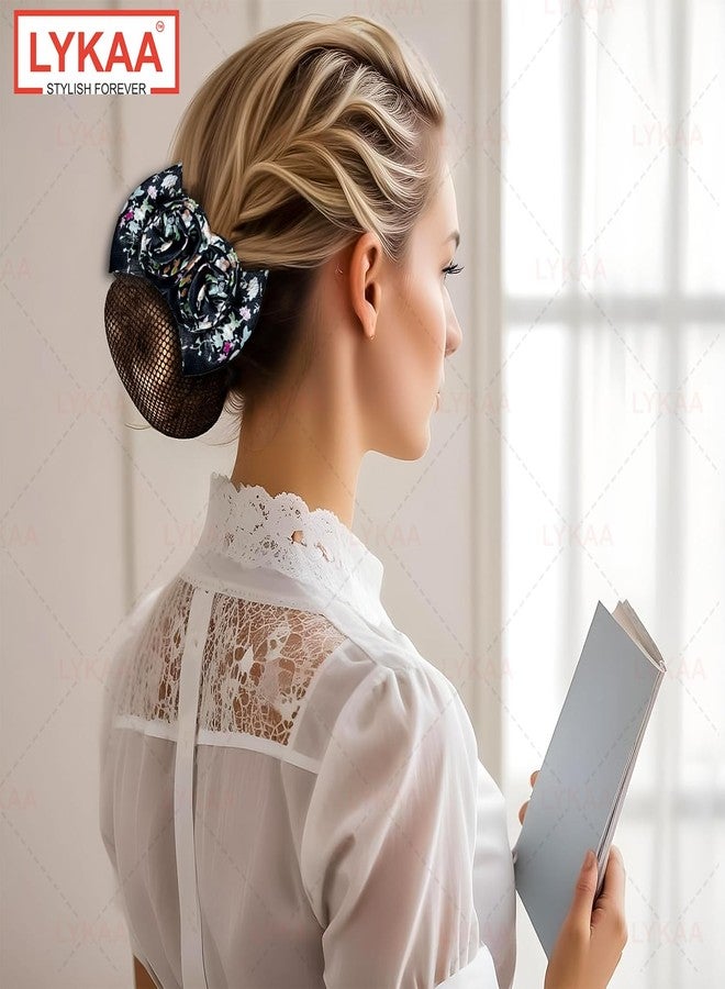 LYKAA Premium Floral Satin Rose Bow Hair Clip With Hair Snood Net, Barrette Bun Cover for Women & Girls | Elegant Rhinestone Heart Center | Fancy Hair Accessory for Party & Wedding | Hairnet for Dancer Nurse Work or Daily Use (Pack of 1) (BLACK) - Image 5