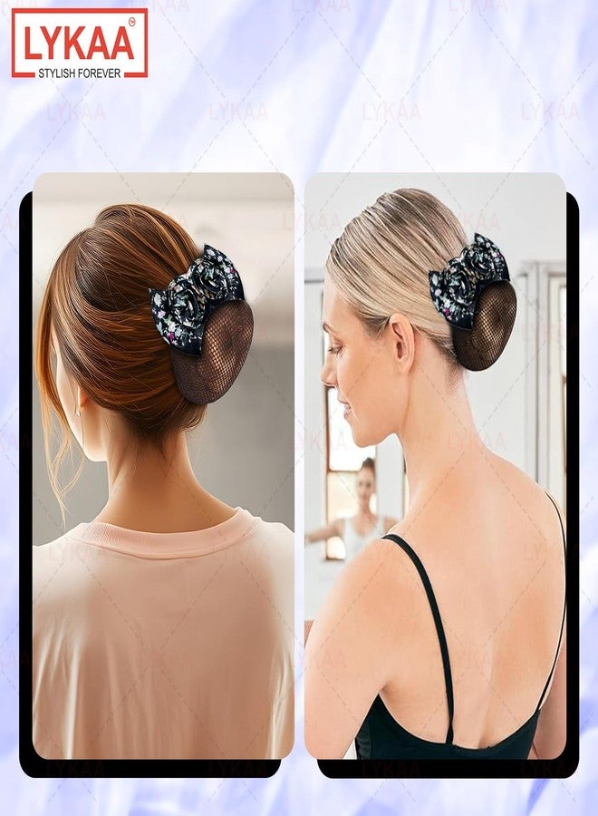LYKAA Premium Floral Satin Rose Bow Hair Clip With Hair Snood Net, Barrette Bun Cover for Women & Girls | Elegant Rhinestone Heart Center | Fancy Hair Accessory for Party & Wedding | Hairnet for Dancer Nurse Work or Daily Use (Pack of 1) (BLACK) - Image 4