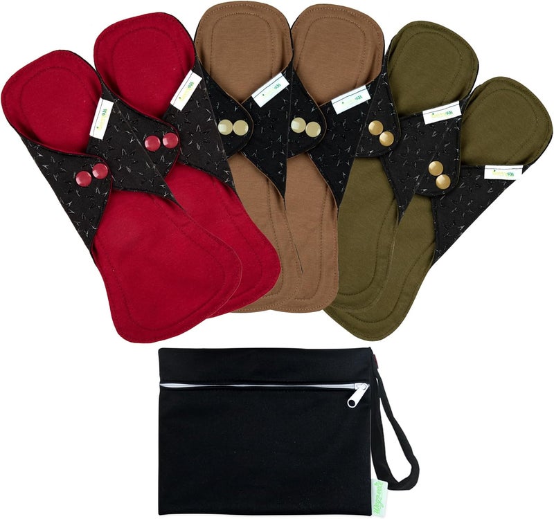 wegreeco 6 Pcs Reusable Menstrual Pads, Ultra Absorbent Cloth Pads for Heavy Flow, Sanitary Pads for Teens, Women, Nonslip Panty Liners + Bag (Aqua, Burgundy, Coffee, M)