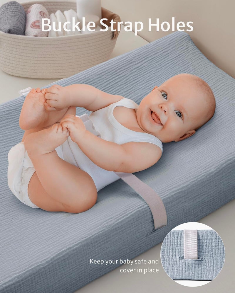 Blissful Diary Muslin Changing Pad Cover for Girls Boys, Ultra Soft Breathable Cotton, Baby Diaper Change Table Pad Covers, 2Pack (Light Blue&Grey) - Image 3