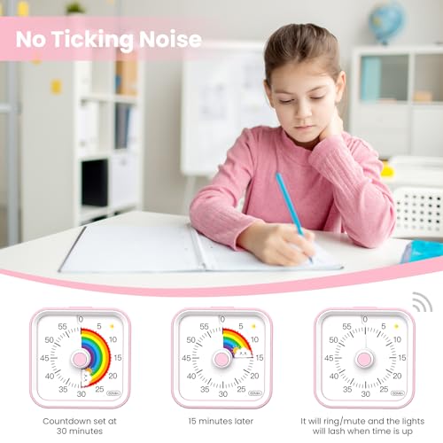 InfPokid Visual Timer for Kids with Pause Function, Cute Silent Timer with Rainbow for Classroom, Teaching, Task, Kitchen, 60 Minute Countdown Time Management for ADHD (Rainbow Pink) - Image 3