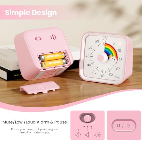 InfPokid Visual Timer for Kids with Pause Function, Cute Silent Timer with Rainbow for Classroom, Teaching, Task, Kitchen, 60 Minute Countdown Time Management for ADHD (Rainbow Pink) - Image 5