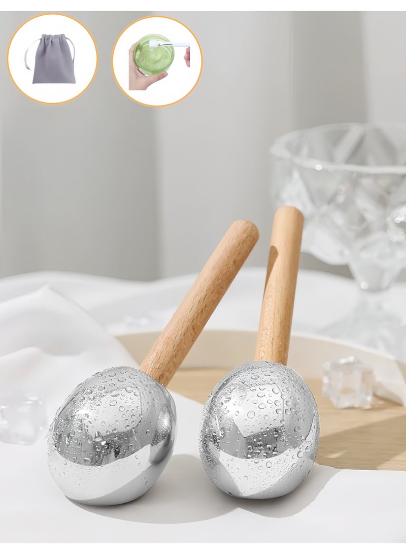 بكرة تدليك الوجه ثنائية الاستخدام للعلاج بالثلج والحرارة، كرات دوارة للثلج للوجه والعينين، كرات تدليك الوجه المطورة، كرات تجميد من الفولاذ المقاوم للصدأ غير قابلة للكسر مع حقيبة حمل وفرشاة (فضي) - Image 1