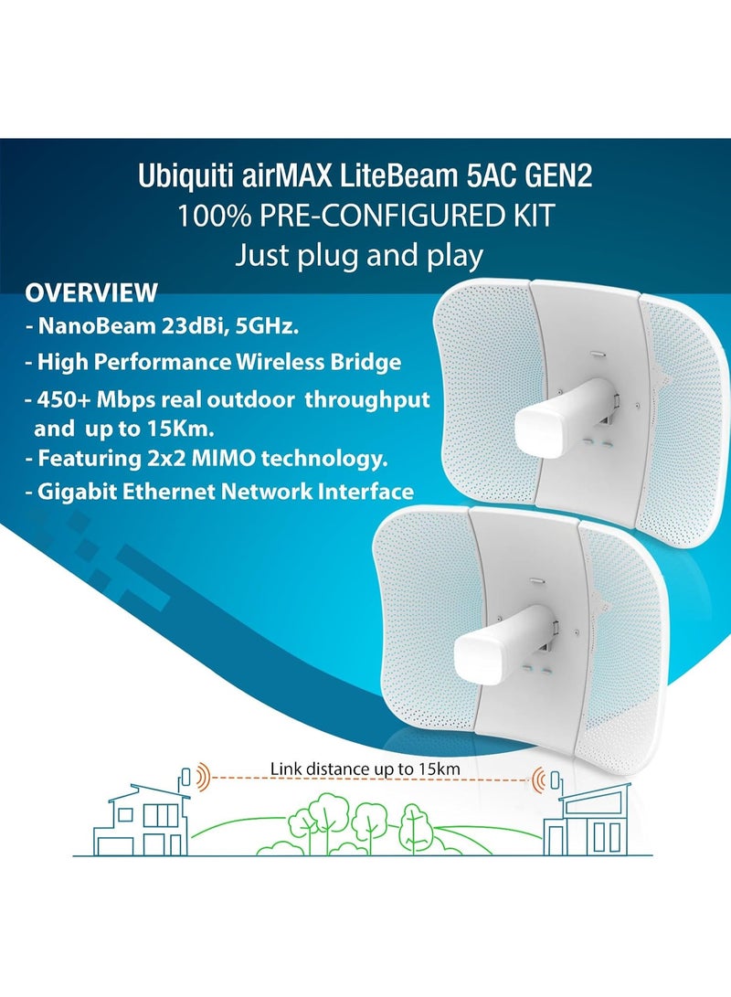 Ubiquiti Networks Wireless Bridge LBE-5AC-GEN2 PRE-CONFIGURED Bundle of 2 Ubiquiti LiteBeam 5AC GEN2, 2 Units Kit 100% Configured as Outdoor Point-to-Point Wi-Fi Bridge, Access Point, 450+ Mbps Speed, 15+ km Range,. - Image 5