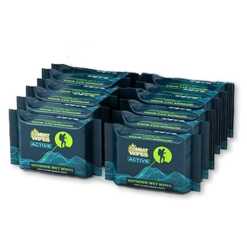 COMBAT WIPES ACTIVE Outdoor Wet Wipes - Extra Thick Camping Gear, Biodegradable, Body & Hand Cleansing/Refreshing Cloths for Backpacking & Gym w/Natural Aloe & Vitamin E (12 Pack, 300 Wipes)… - Image 1