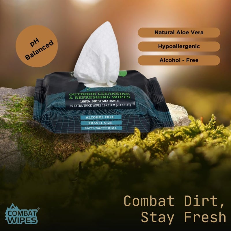 COMBAT WIPES ACTIVE Outdoor Wet Wipes - Extra Thick Camping Gear, Biodegradable, Body & Hand Cleansing/Refreshing Cloths for Backpacking & Gym w/Natural Aloe & Vitamin E (12 Pack, 300 Wipes)… - Image 3