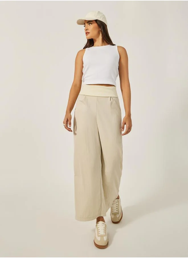 Styli Mid Rise Wide Leg Broad Waistband Pants