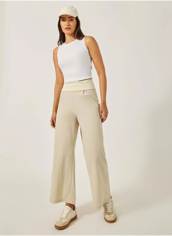 Styli Mid Rise Wide Leg Broad Waistband Pants