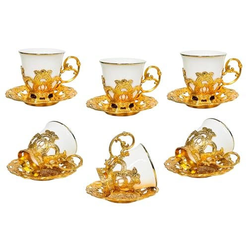 Noviko Turkish Tea Cups Ceramic Espresso Cups Set of 6, Turkish Tea Set Turkish Coffee Cup Set (3oz, White) - Image 1
