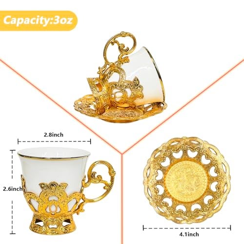 Noviko Turkish Tea Cups Ceramic Espresso Cups Set of 6, Turkish Tea Set Turkish Coffee Cup Set (3oz, White) - Image 2