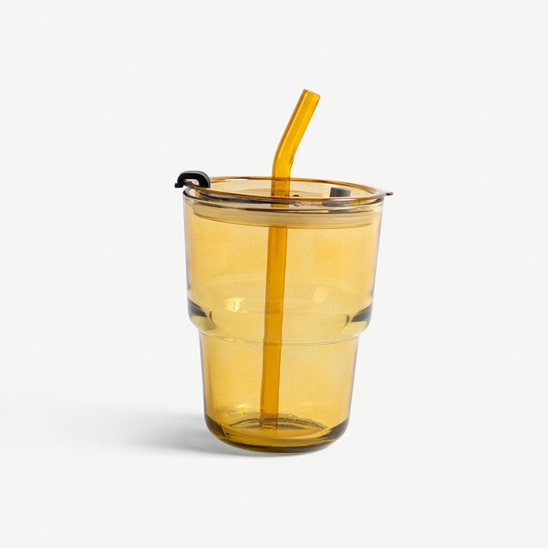 OC HOME كوب زجاجي أصفر مع غطاء وقشة للجميع