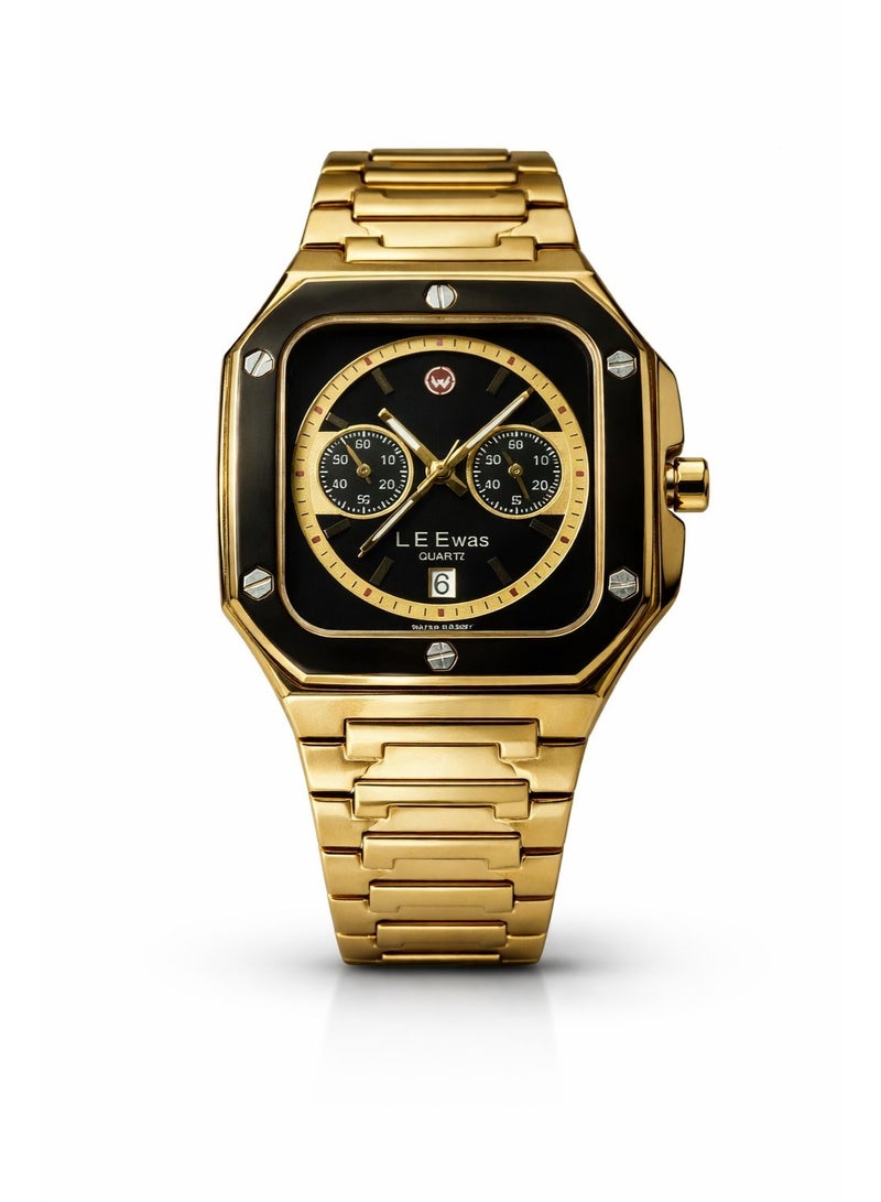 Leewas Apex Chrono  Analog Quartz Watch for Men Gold Stainless Steel Strap Black Dial Water Resistant - Image 1