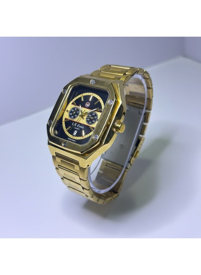 Leewas Apex Chrono  Analog Quartz Watch for Men Gold Stainless Steel Strap Black Dial Water Resistant - Image 3