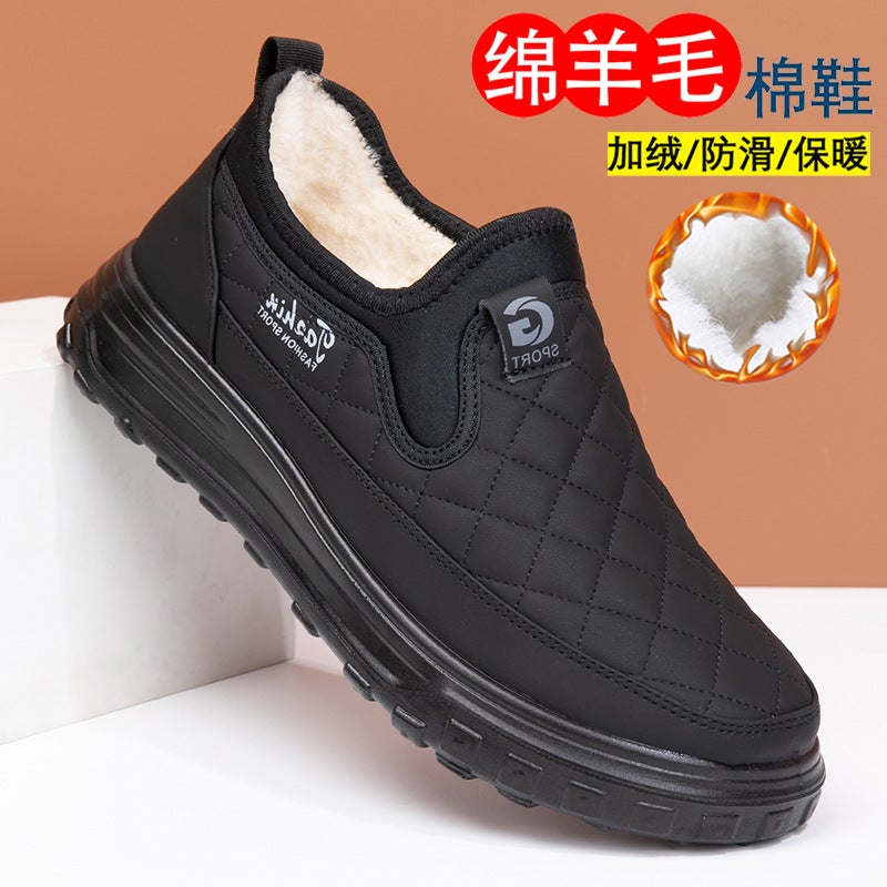 Winter Mens Sheep Wool Cotton Shoes fleece-lined Thickened Dads Cotton Shoes Warm Non-slip Waterproof Snow Boots for Middle-aged and Elderly Black