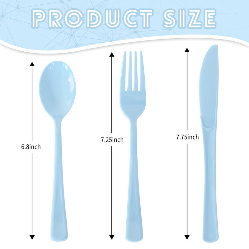 JSQBSECL 150 Pack Plastic Silverware Disposable Cutlery Set Heavy Duty Utensil Sets 50 Forks 50 Knives 50 Spoons for Brithday  Wedding Home Office School Party Picnics (Light Blue) - Image 1