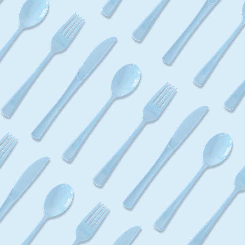 JSQBSECL 150 Pack Plastic Silverware Disposable Cutlery Set Heavy Duty Utensil Sets 50 Forks 50 Knives 50 Spoons for Brithday  Wedding Home Office School Party Picnics (Light Blue) - Image 3