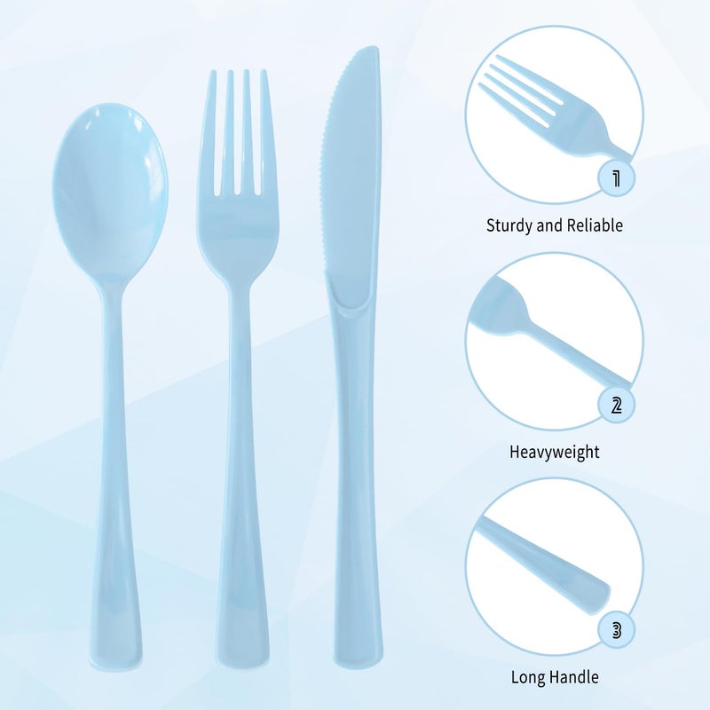 JSQBSECL 150 Pack Plastic Silverware Disposable Cutlery Set Heavy Duty Utensil Sets 50 Forks 50 Knives 50 Spoons for Brithday  Wedding Home Office School Party Picnics (Light Blue) - Image 2